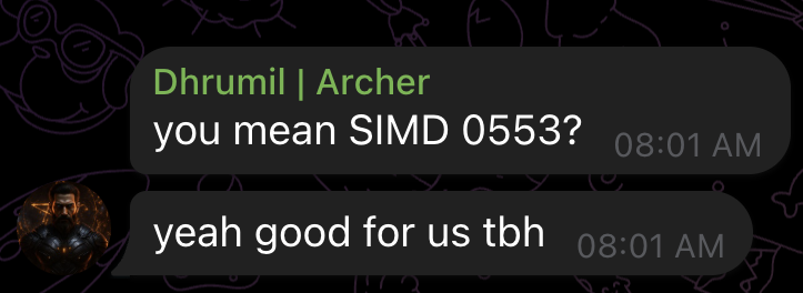 Chat message from Dhrumil at Archer reading "you mean SIMD 0553?" followed by "yeah good for us tbh".